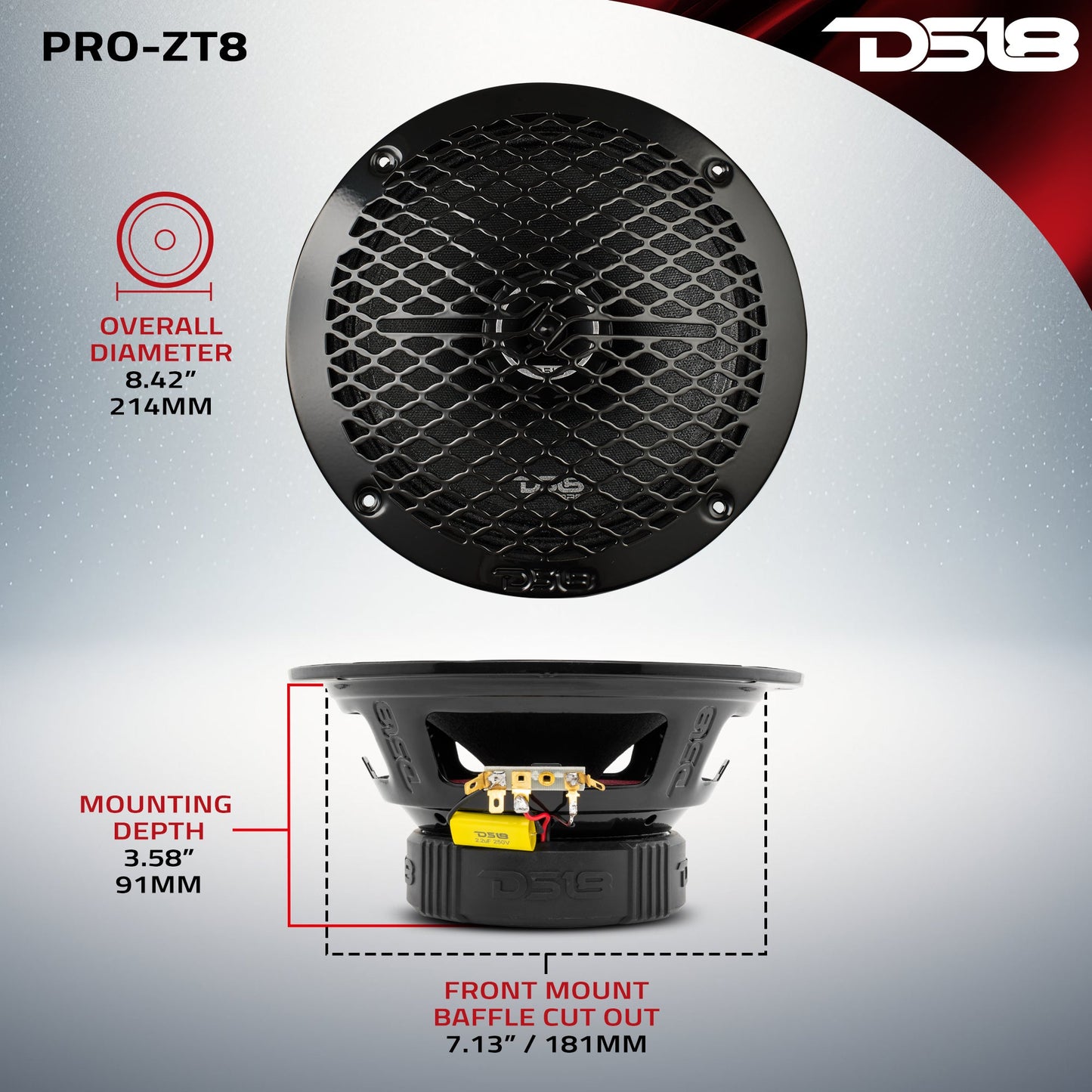 PRO-ZT 8" Coaxial Mid-Range Loudspeaker with Water-Resistant Cone Built-in Bullet Tweeter and Grill | 275W RMS 4-Ohm