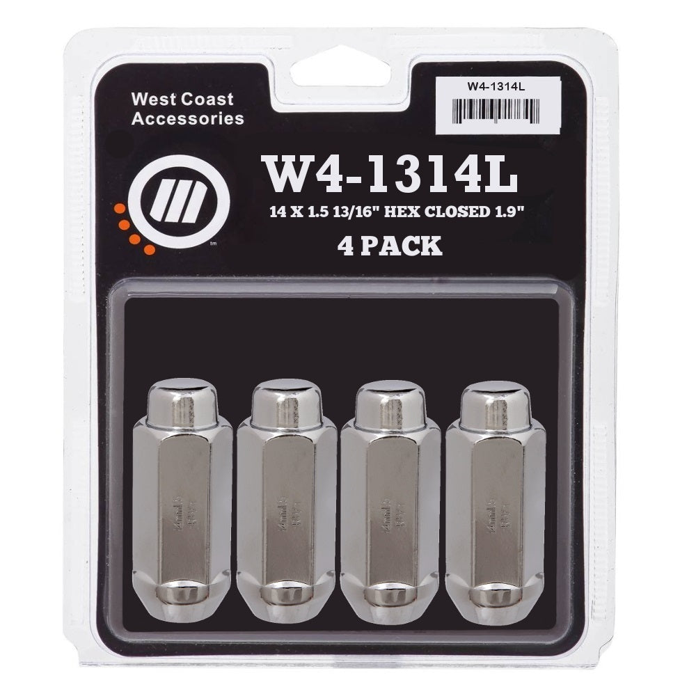 9/16" Bulge Acorn Lug Nuts 13/16" Hex 1.90" 4 Pack Chrome - West Coast Wheel Accessories W4-1396L