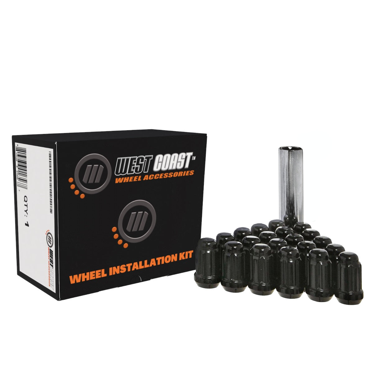 7/16" Bulge Acorn Spline Lug Nuts 1.38" 5 Lug Install Kit Black - West Coast Wheel Accessories W55716SB