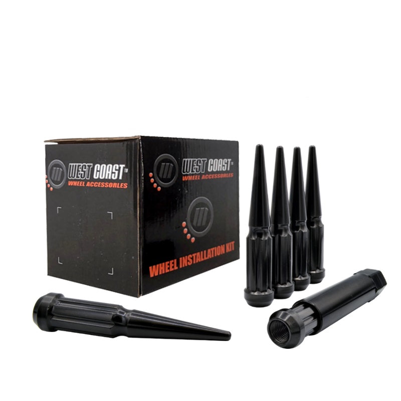 9/16" Spike Lug Nuts 112mm 8 Lug Install Kit Black - West Coast Wheel Accessories W5896LSPKSB