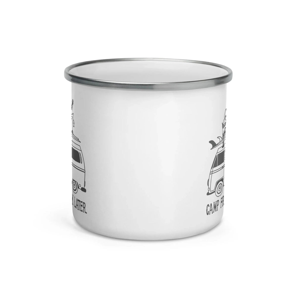 "Camp First, Work Later" Bus Enamel Mug