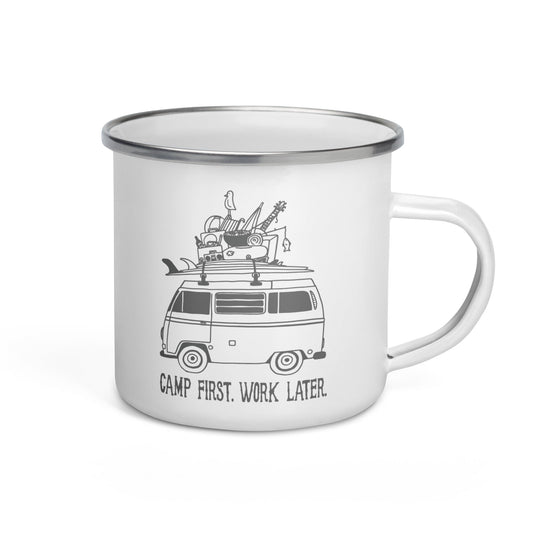 "Camp First, Work Later" Bus Enamel Mug