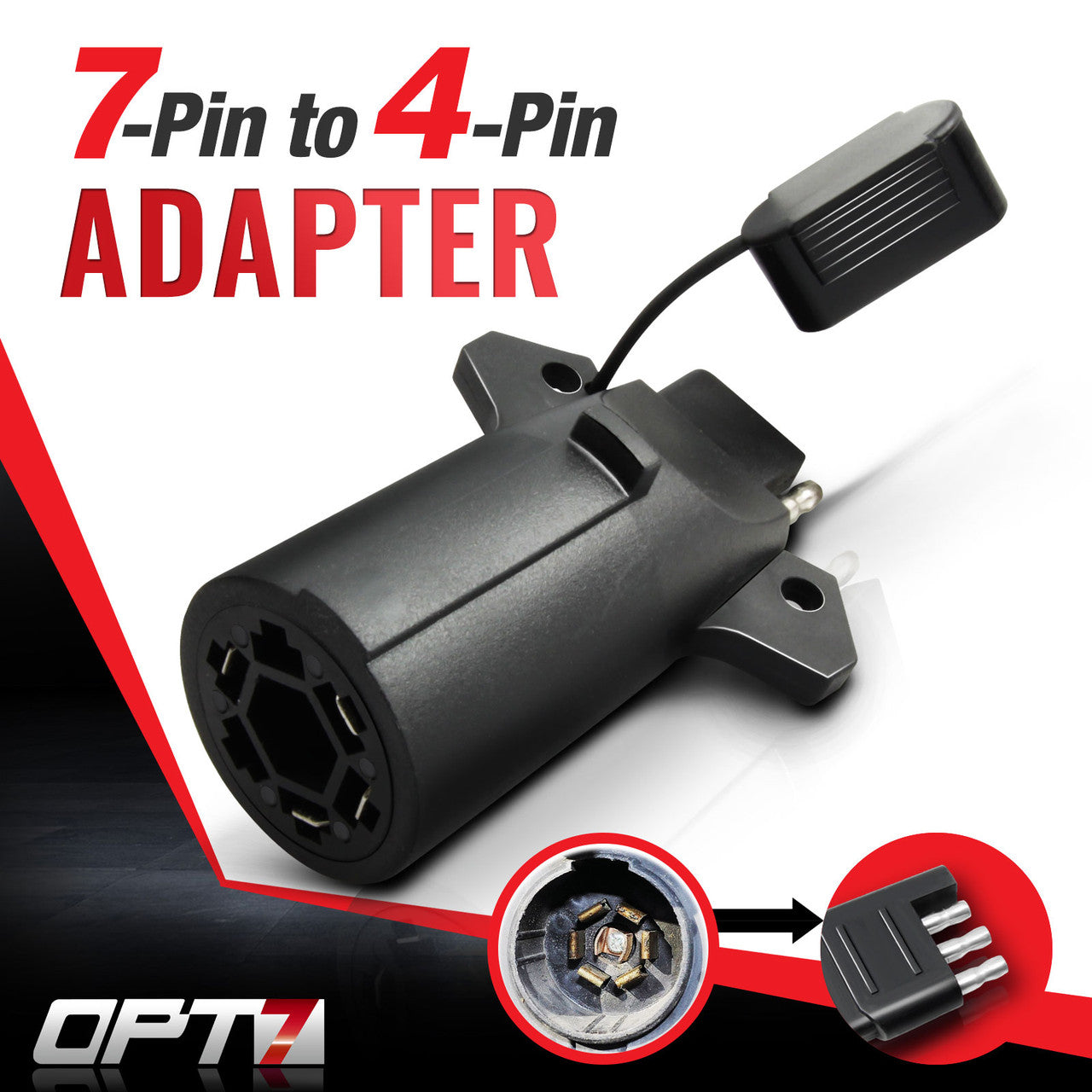 7-Way Round to 4-Way Flat Pin Adapter For Trailer Tow Hitch & Redline Tailgate LED