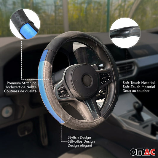 14.5-15.5’’ Steering Wheel Cover Half Moon Blue Leather Anti-slip Breathable