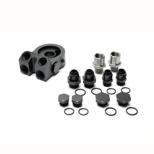 BOOST Products Billet Oil Filter Sandwich Plate Adapter w/ Thermostat, black anodized