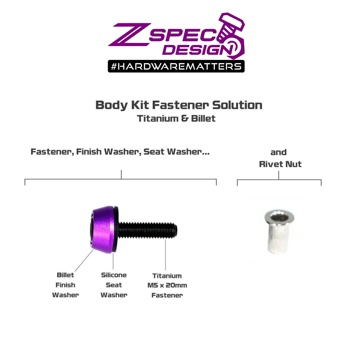 ZSPEC Body Kit Fastener, M5x20mm Titanium & Billet w/RIVET NUT, Per Each