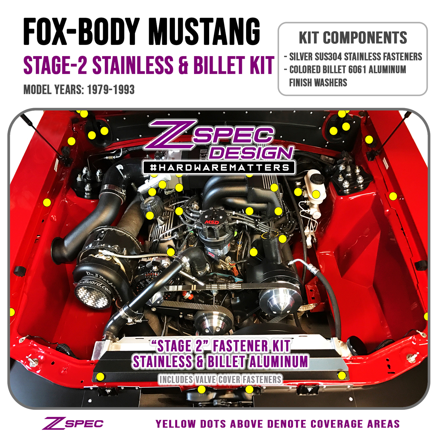 ZSPEC Stage-2 Dress Up Bolts® Fastener Kit for '87-93 Ford Mustang V8 Fox-Body, Stainless & Billet