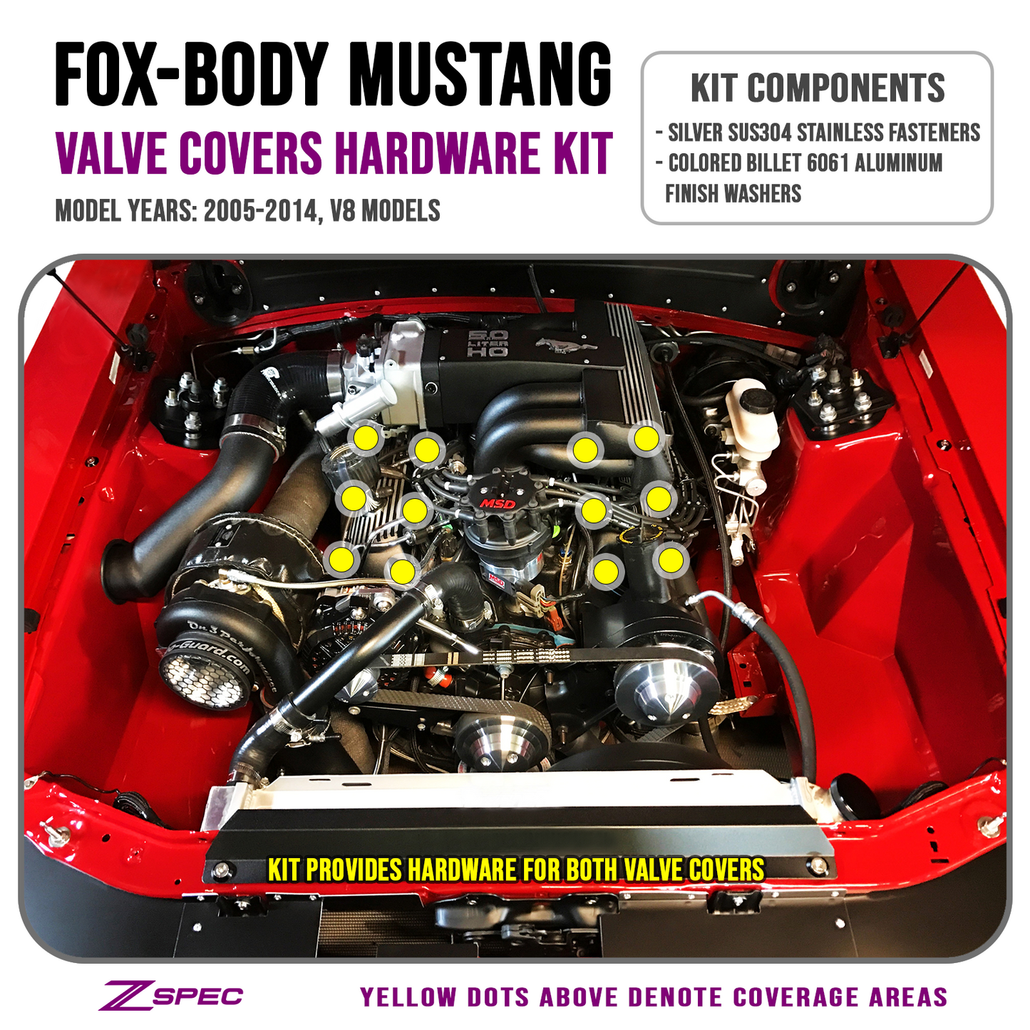 ZSPEC Valve Covers Fastener Kit for '87-93 Ford Mustang V8 Fox-Body, Stainless & Billet