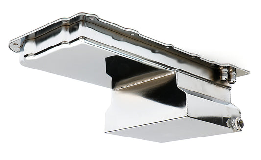HAMBURGER'S PERFORMANCE PRODUCTS LS ENGINE SWAP OIL PAN; 67-69 CAMARO 65-72 CHEVELLE NOVA; -10AN STRAIGHT OIL LINE FITTINGS- CHROME FINISH 0172
