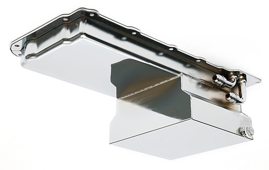 HAMBURGER'S PERFORMANCE PRODUCTS LS ENGINE SWAP OIL PAN; 67-69 CAMARO 65-72 CHEVELLE NOVA; -10AN 90 DEGREE OIL LINE FITTINGS- CHROME FINISH 0174