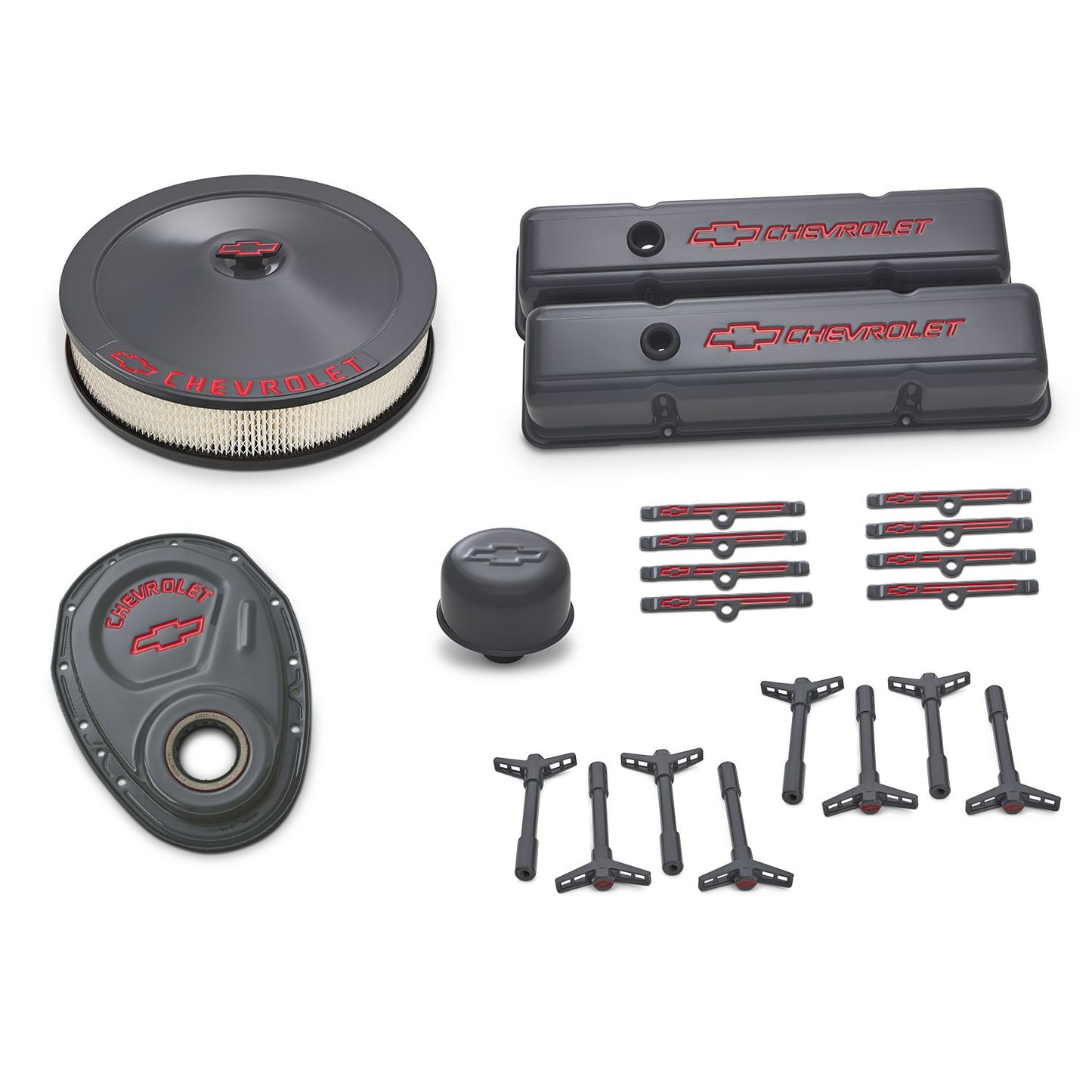 Proform Engine Dress-Up Kit; Shark Gray; Red Emblems; Fits SB Chevy Gen 1 V8 Engines 141-880