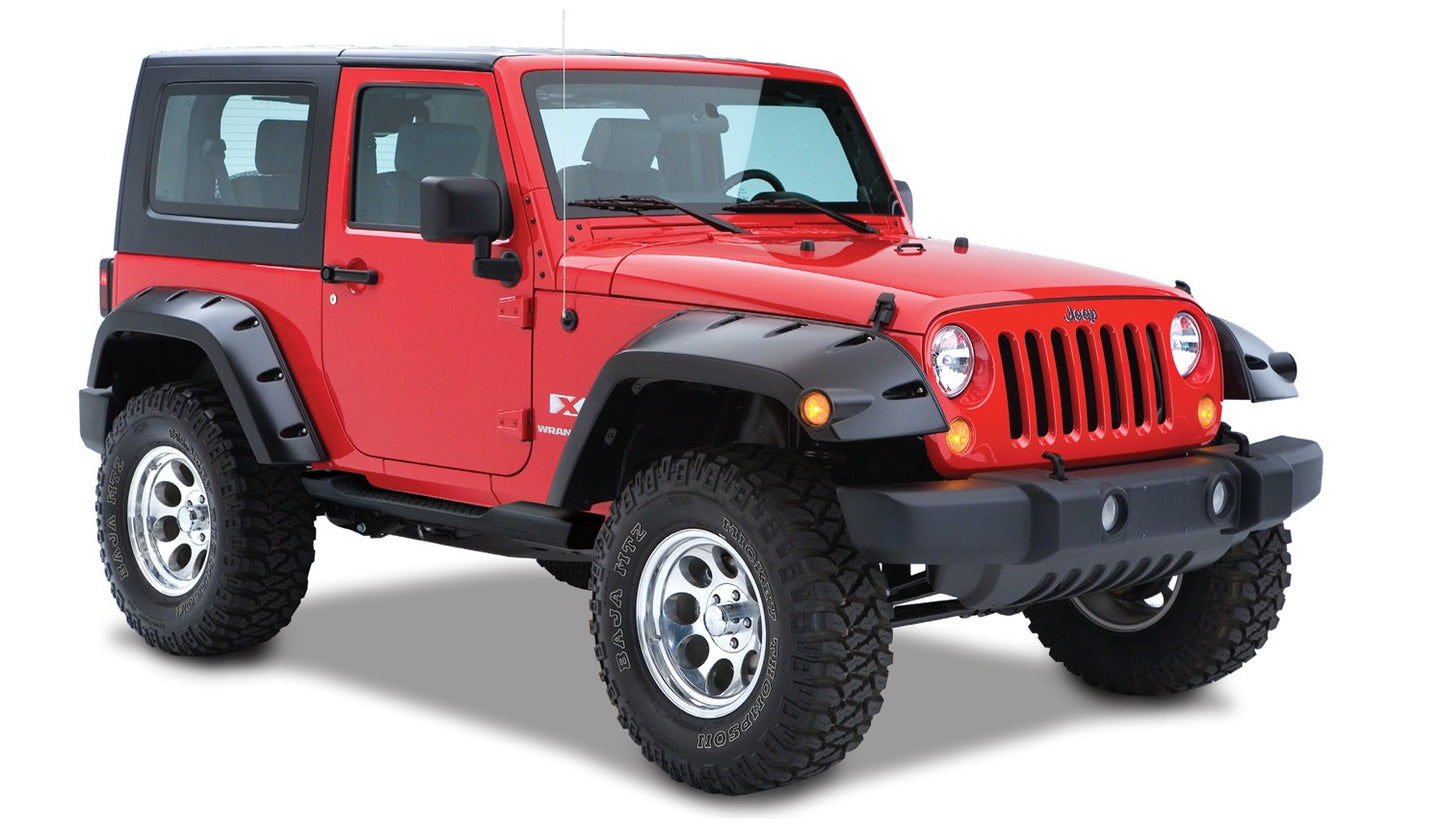 Bushwacker 10046-02 Black Max Coverage Pocket/Rivet Style Smooth Finish Rear Fender Flares With Extended Coverage For 2007-2018 Jeep Wrangler JK 2-Door