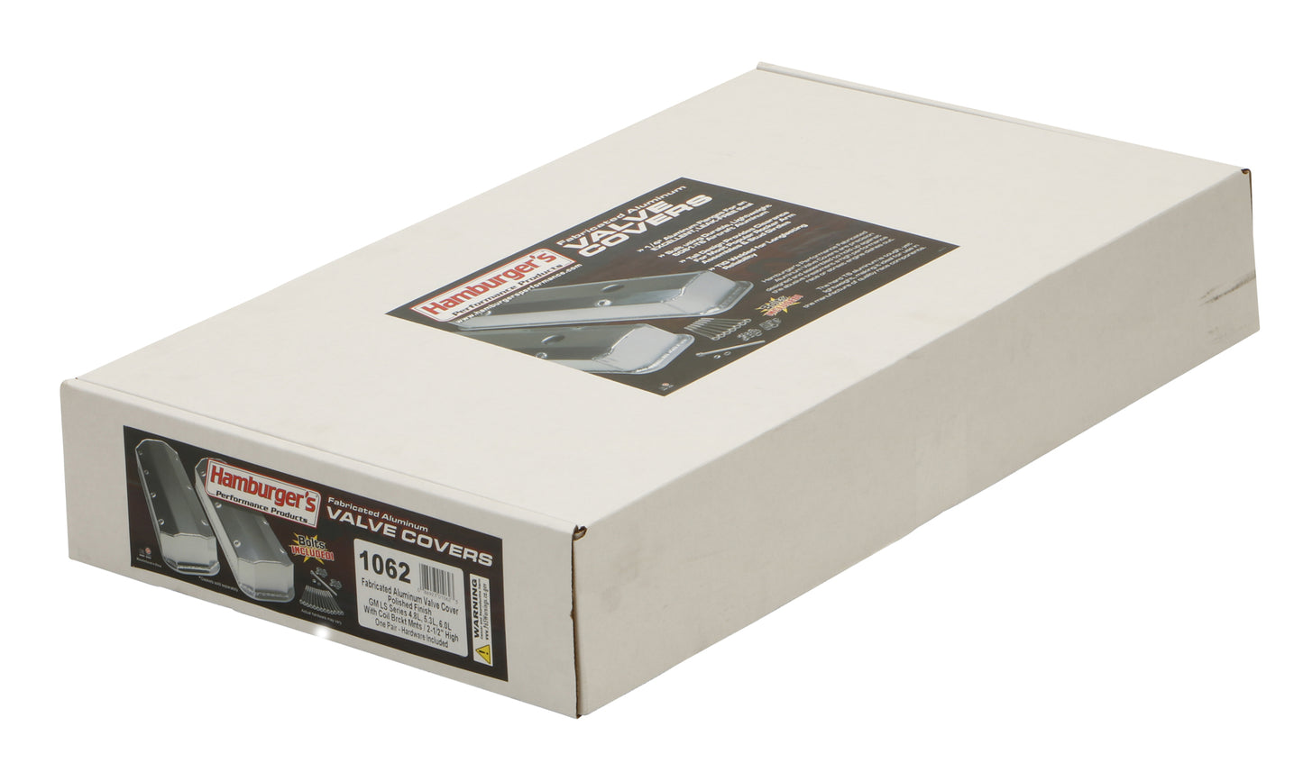 HAMBURGER'S PERFORMANCE PRODUCTS FABRICATED ALUMINUM VALVE COVERS; CHEVY LS ENGINE; WITH COIL BRACKETS-POLISHED 1062