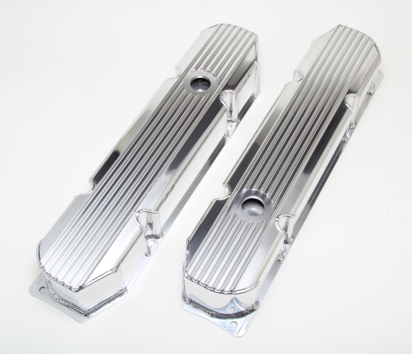 HAMBURGER'S PERFORMANCE PRODUCTS FABRICATED ALUMINUM VALVE COVERS WITHFINS; MOPAR BB V8 383-426-440; 1958-88; WITH HOLES- POLISHED ALUMINUM 1116