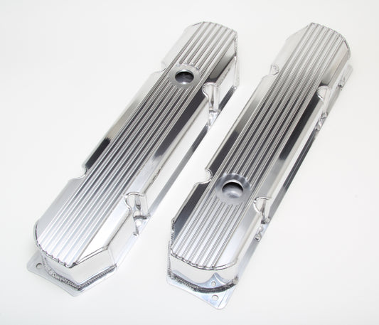 HAMBURGER'S PERFORMANCE PRODUCTS FABRICATED ALUMINUM VALVE COVERS WITHFINS; MOPAR BB V8 383-426-440; 1958-88; WITH HOLES- POLISHED ALUMINUM 1116