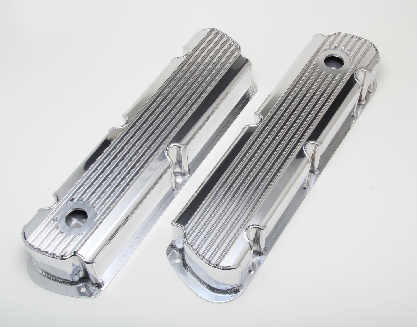 HAMBURGER'S PERFORMANCE PRODUCTS FABRICATED ALUMINUM VALVE COVERS WITH FINS; FORD SB V8 260-289-302-351W AND 5.0L; WITH HOLES- POLISHED ALUMINUM 1119
