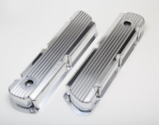 HAMBURGER'S PERFORMANCE PRODUCTS FABRICATED ALUMINUM VALVE COVERS WITH FINS; FORD SB V8 260-289-302-351W AND 5.0L; WITH HOLES- POLISHED ALUMINUM 1119