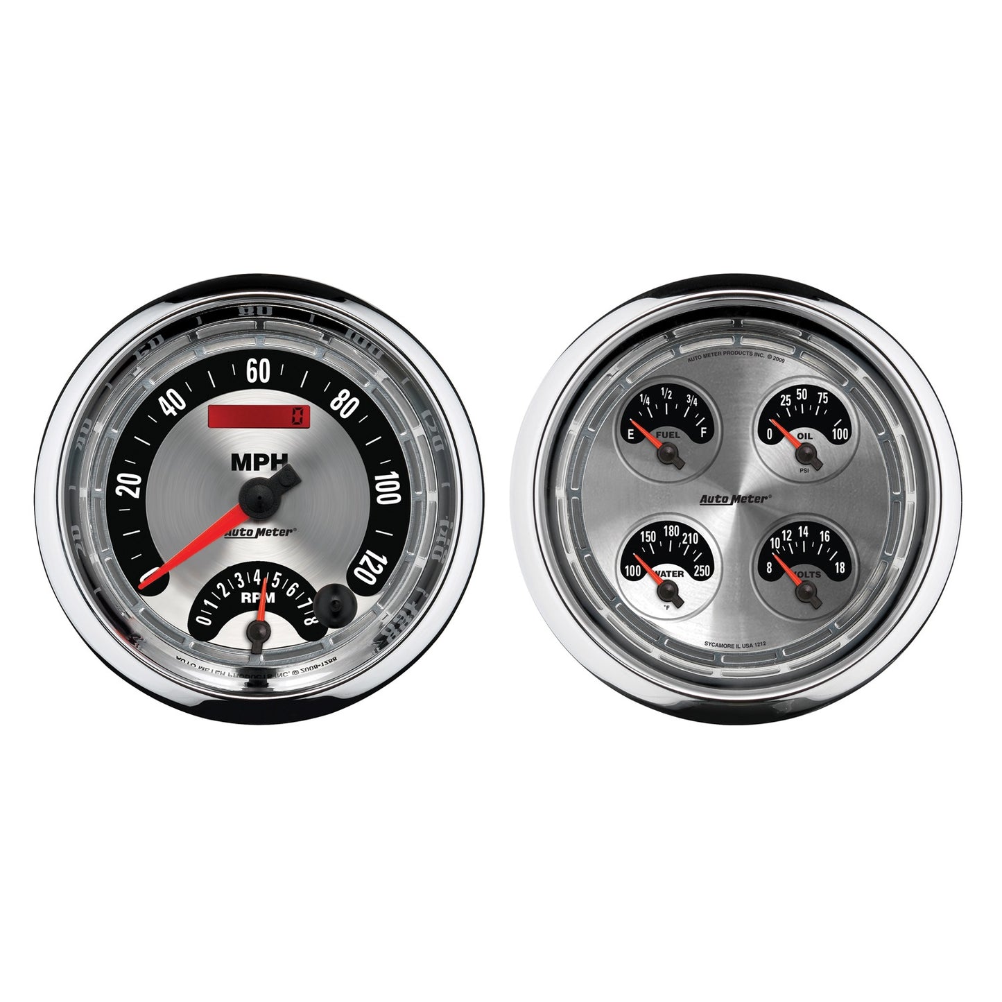 AutoMeter 5 in. QUAD GAUGE 8K RPM/120 MPH/100 PSI/100-250 Fahrenheit/8-18V/240-33 O AMERICAN MUSCLE 1205