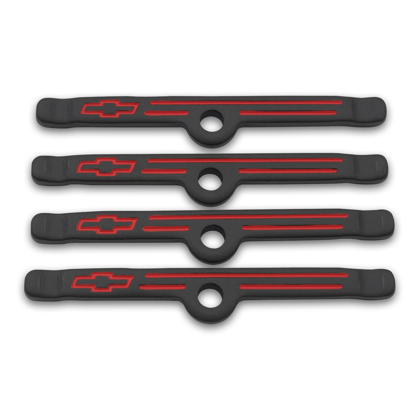 Proform Engine Valve Cover Holdown Clamps; Black Crinkle w/Bowtie Logo; SB Chevy; 4 Pcs 141-757