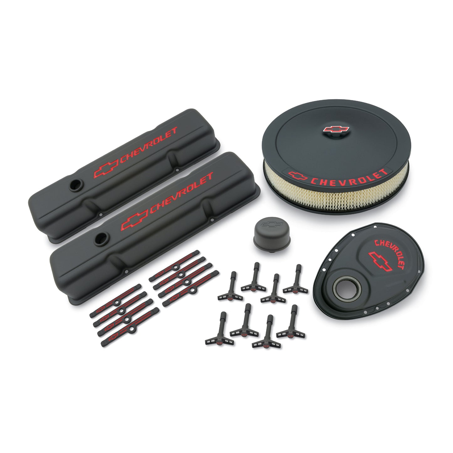 Proform Engine Dress-Up Kit; Black Crinkle Finish; Red Bowtie; Red Letters; For SB Chevy 141-758
