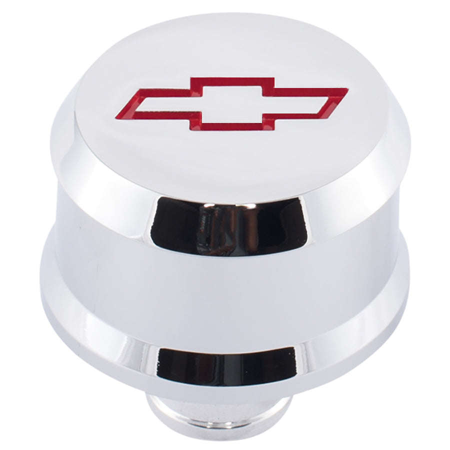 Proform Slant-Edge Aluminum Breather Cap; Recessed Red Bowtie Emblem; Push-In; Chrome 141-853