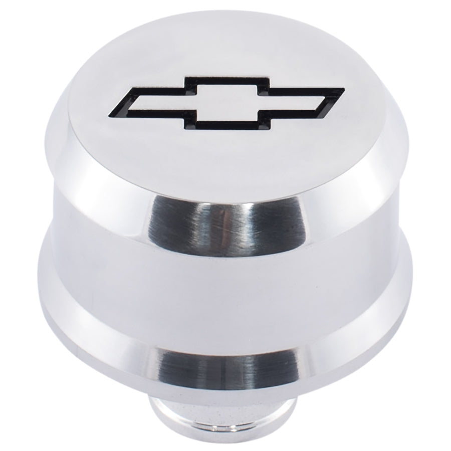 Proform Slant-Edge Aluminum Breather Cap; Recessed Blk Bowtie Emblem; Push-In; Polished 141-854