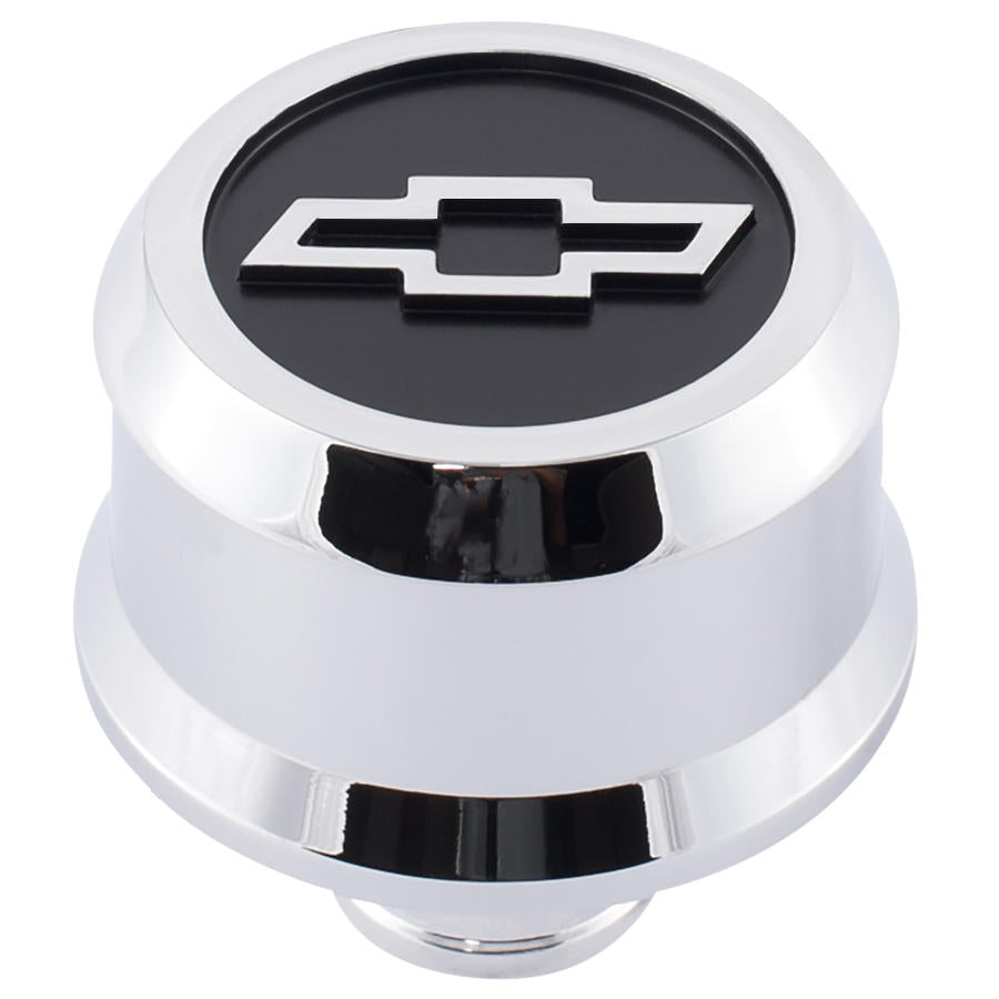 Proform Slant-Edge Aluminum Breather Cap; Blackfield Bowtie Emblem; Push-In; Chrome 141-856