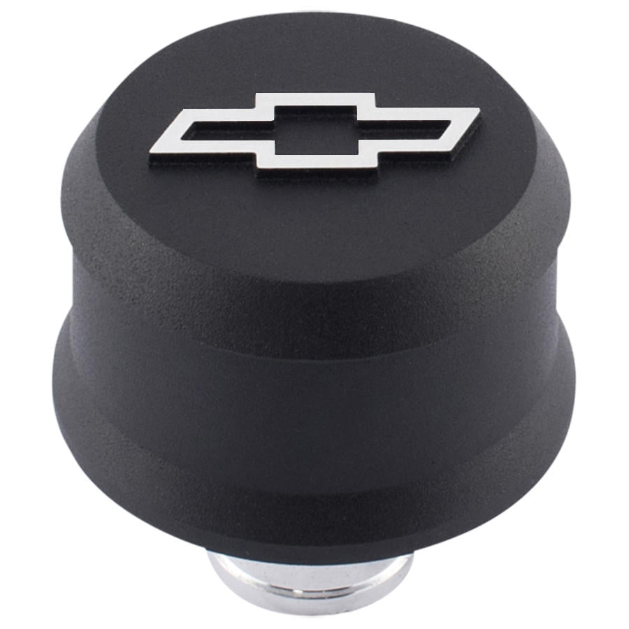 Proform Slant-Edge Aluminum Breather Cap; Raised Bowtie Emblem; Push-In; Black Crinkle 141-858