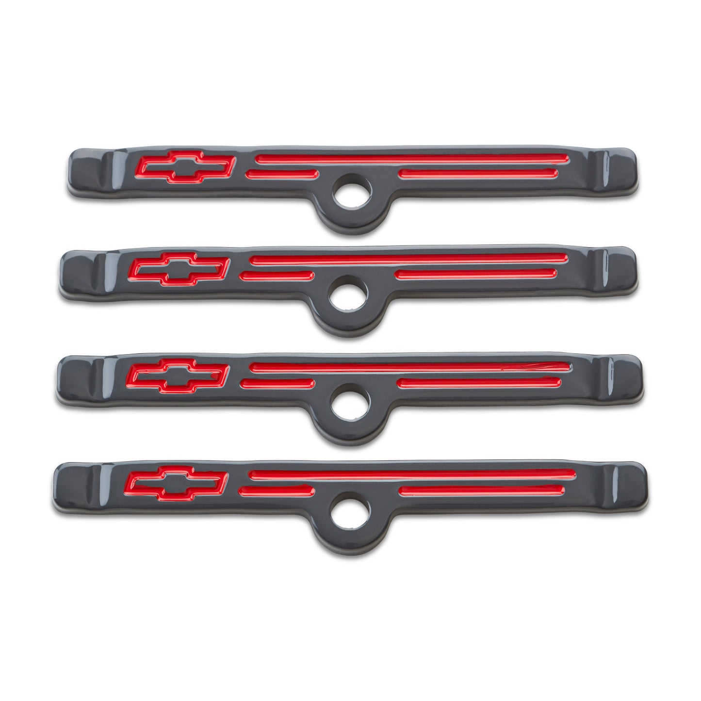 Proform Engine Valve Cover Holdown Clamps; Shark Gray w/Bowtie Emblem; SBC Gen 1; 4 Pcs 141-885