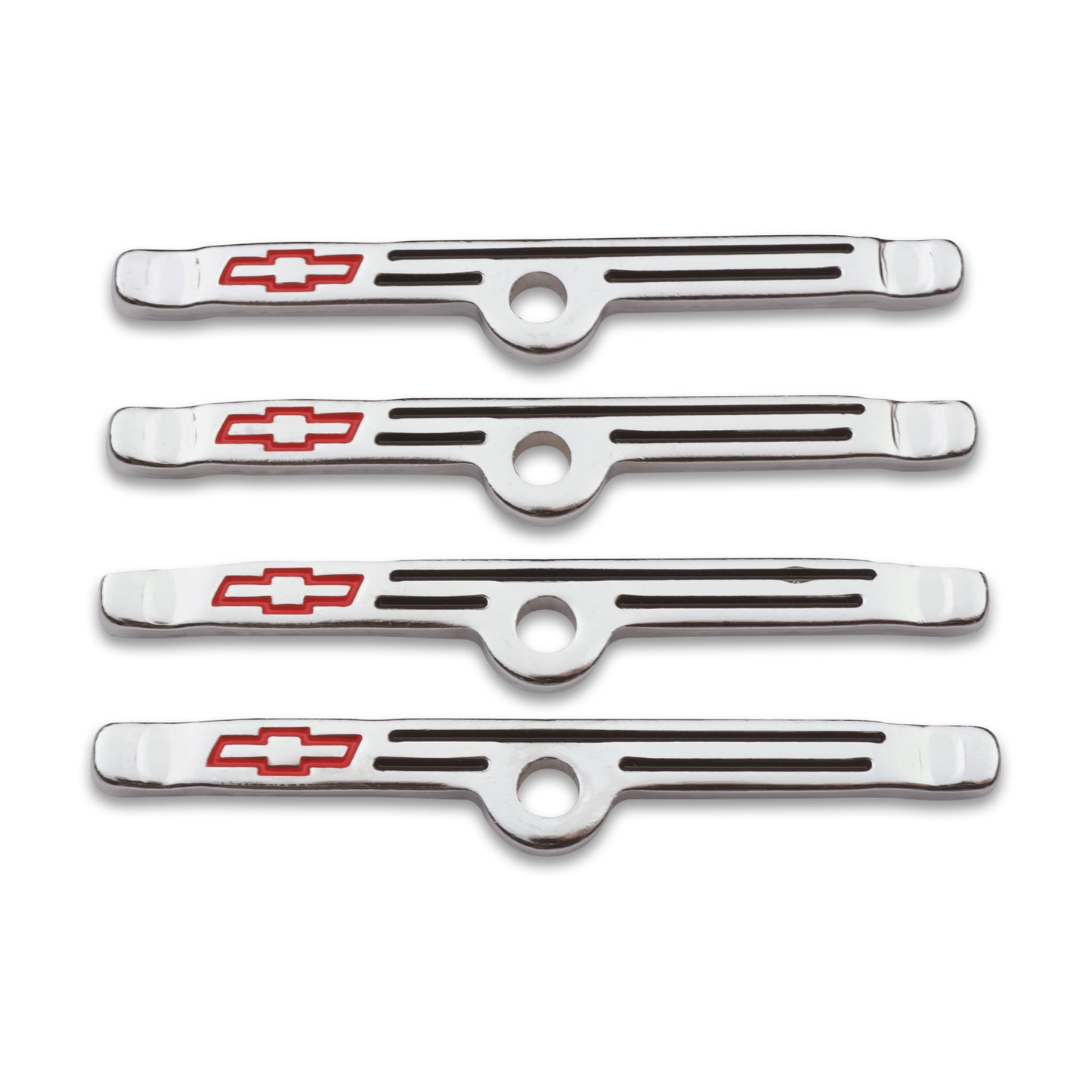 Proform Engine Valve Cover Holdown Clamps; Chrome with Red Bowtie Logo; SB Chevy; 4 Pcs 141-903