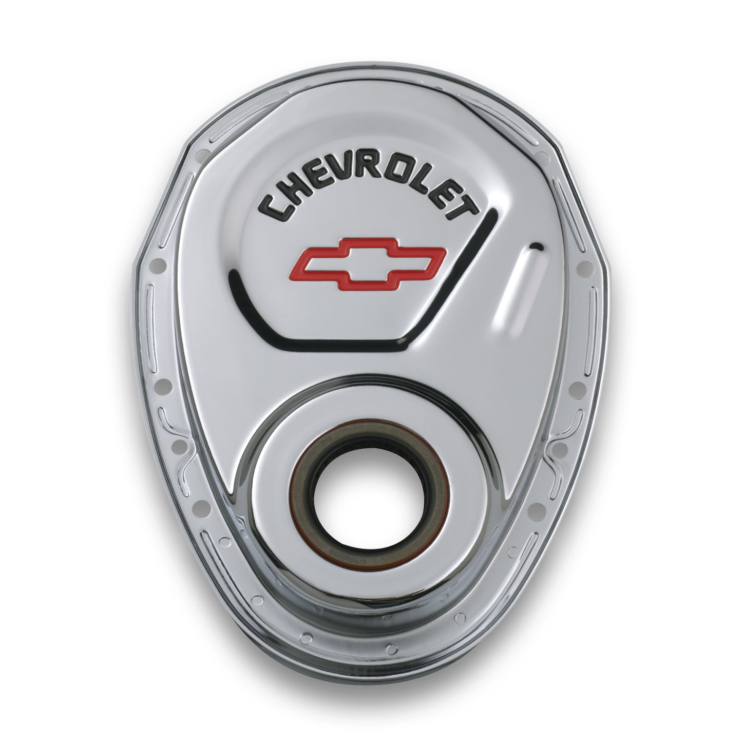 Proform Timing Chain Cover; Chrome; Steel; With Chevy and Bowtie Logo; SB Chevy 69-91 141-904