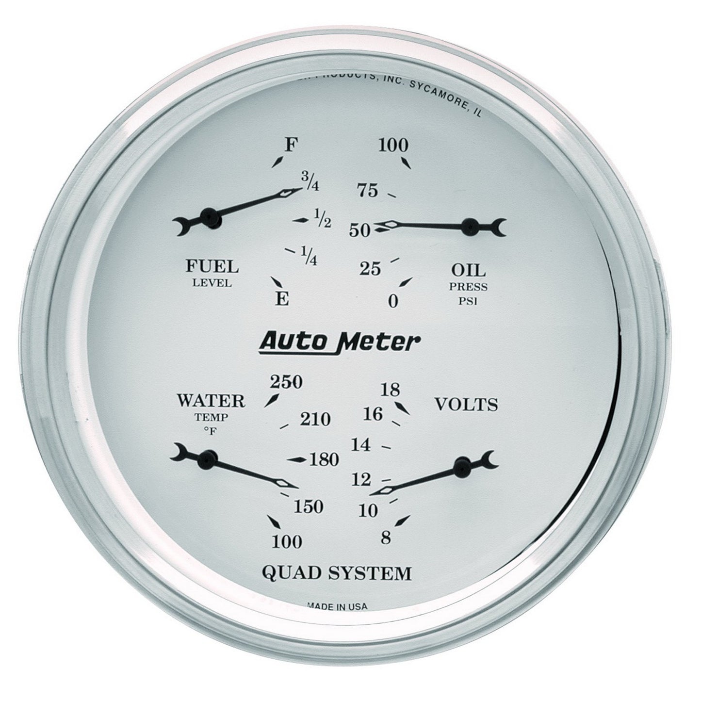 AutoMeter 5 in. QUAD GAUGE 100 PSI/100-250 Fahrenheit/8-18V/0-90 O OLD-TYME WHITE 1619
