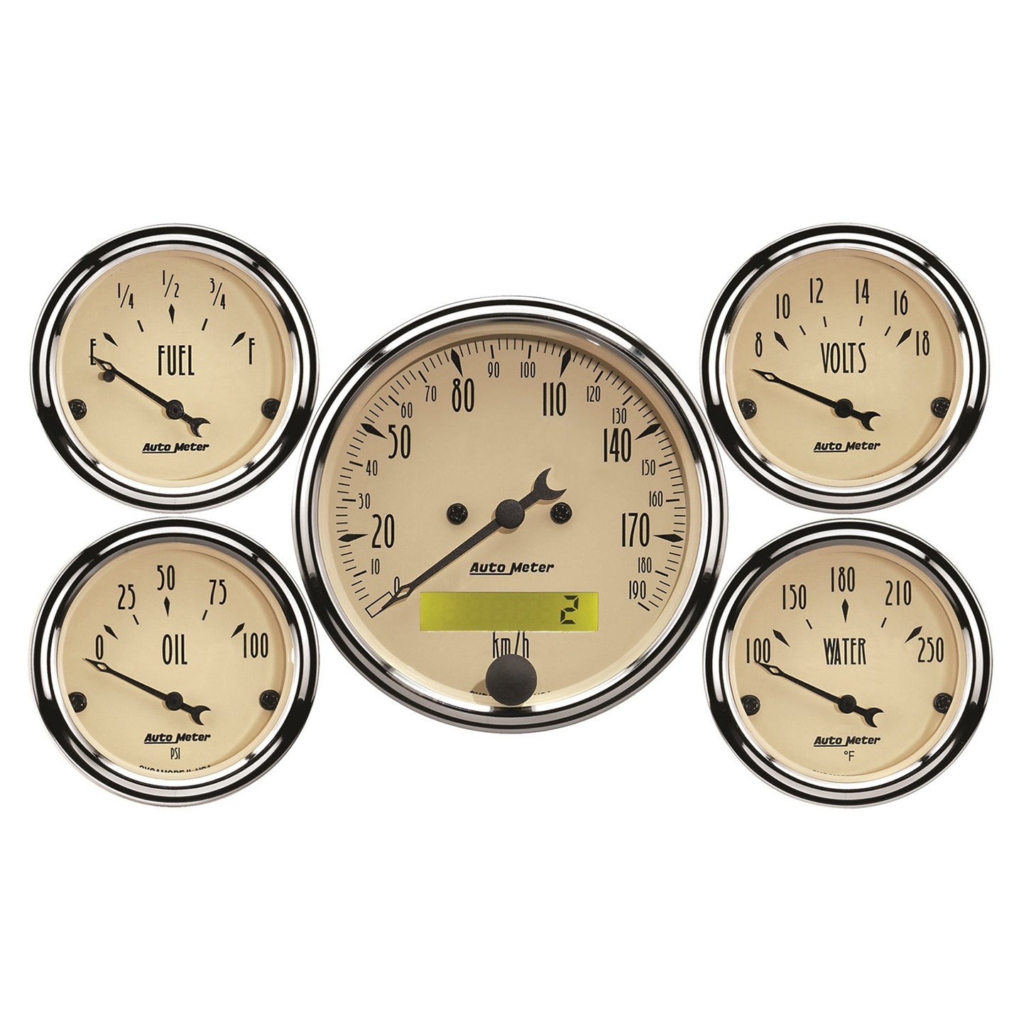 AutoMeter 5 PC. GAUGE KIT 3-1/8 in. & 2-1/16 in. ELEC. KM/H SPEEDOMETER ANTIQUE BEIGE 1809-M