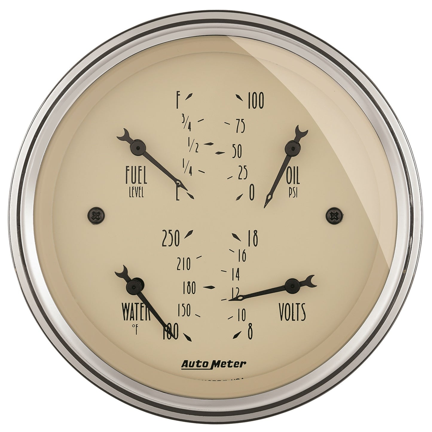 AutoMeter 3-3/8 in. QUAD GAUGE 100 PSI/100-250 Fahrenheit/8-18V/0-90 O ANTIQUE BEIGE 1814
