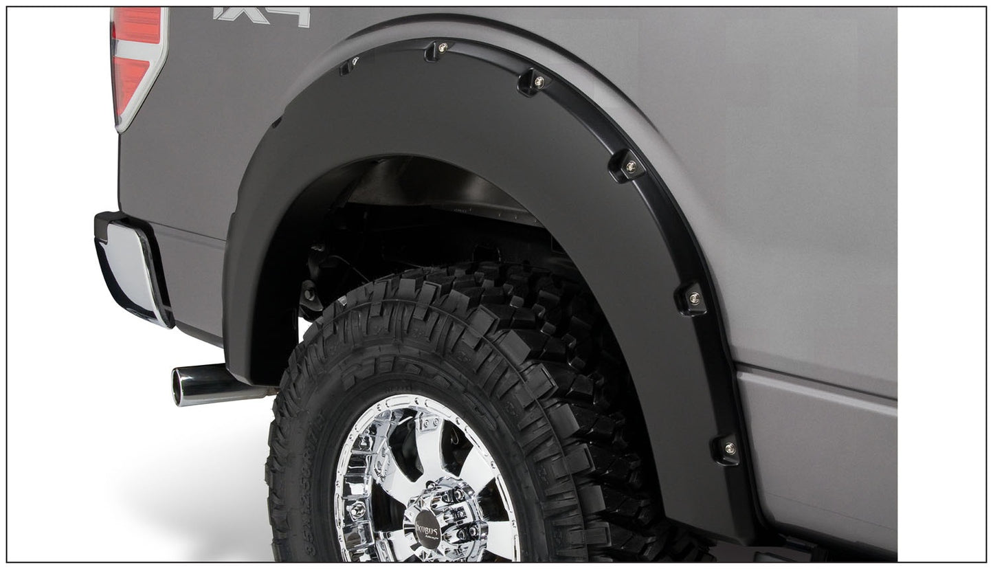 Bushwacker 20080-02 Black Pocket/Rivet Style Smooth Finish Rear Fender Flares For 2009-2014 Ford F-150 (Excludes Raptor)