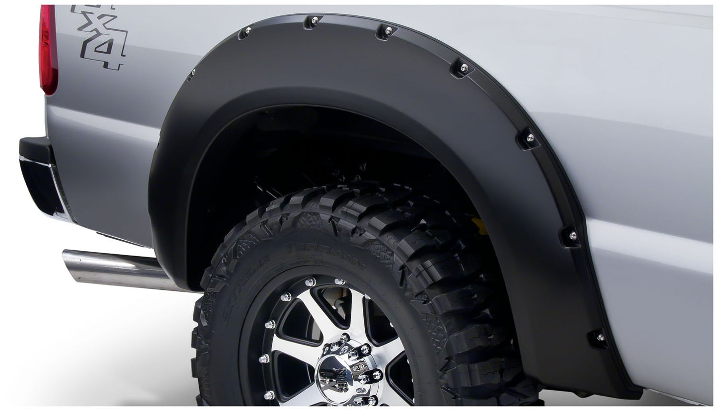 Bushwacker 20050-02 Black Pocket/Rivet Style Smooth Finish Rear Fender Flares For 1999-2007 Ford F-250/F-350 Super Duty; 1999-2010 F-350 Super Duty (Excludes Dually)