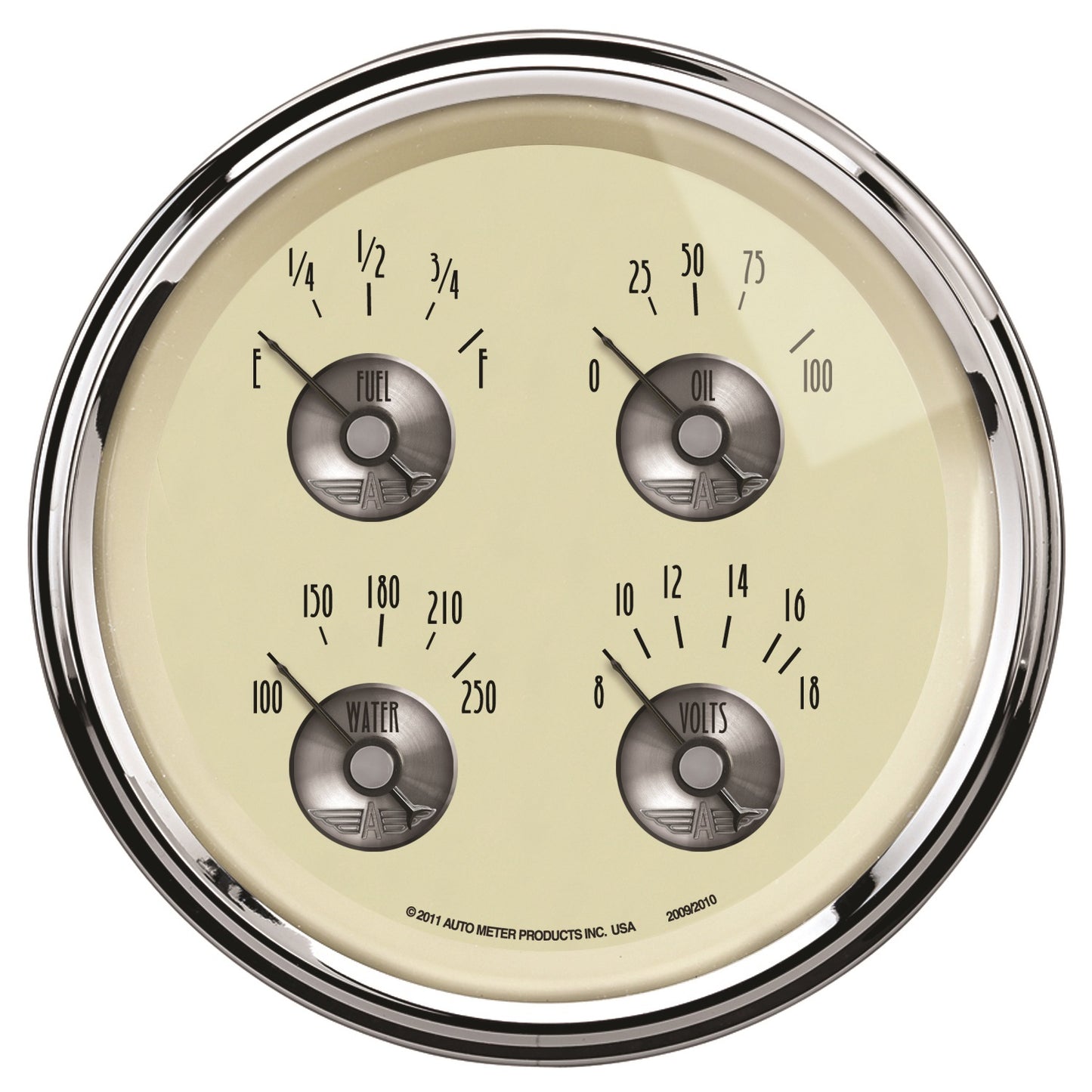 AutoMeter 5 in. QUAD GAUGE 100 PSI/100-250 Fahrenheit/8-18V/0-90 O PRESTIGE ANTIQUE IVORY 2009