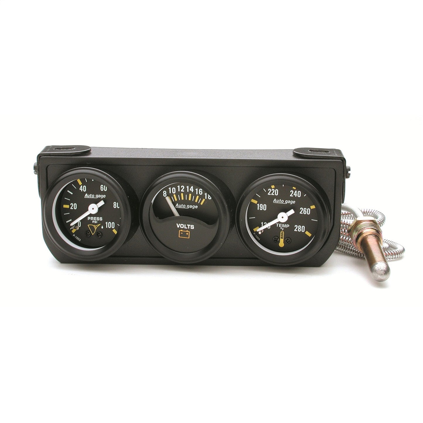 AutoMeter GAUGE CONSOLE OILP/WTMP/VOLT 1.5 in. 100 PSI/280 Fahrenheit/18V MECH BLK DIAL BLK BZL AG 2396