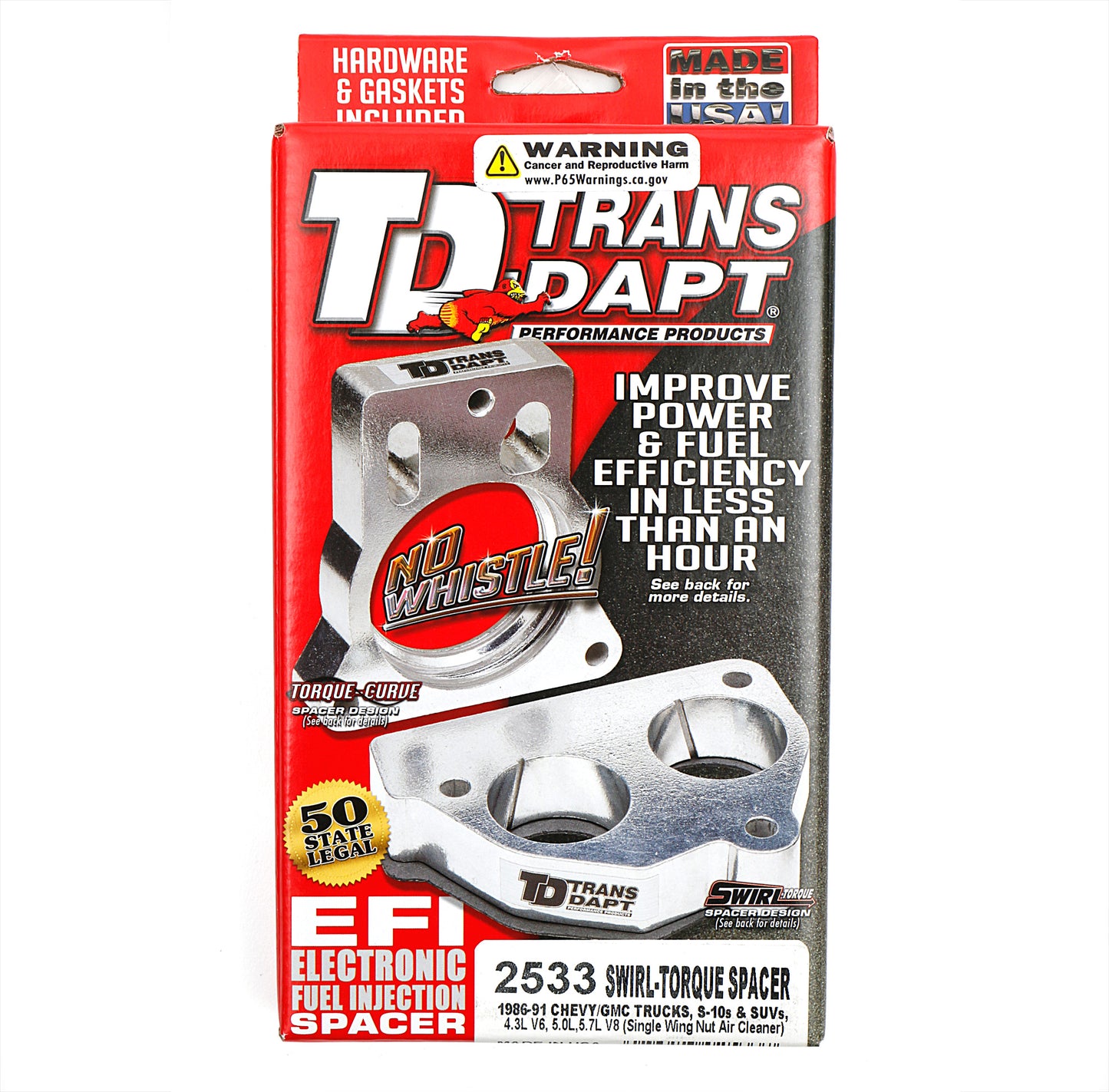 Trans-Dapt Performance 1986-91 Chevy/Gmc Trucks And Suvs With 4.3L V6 Or 5.0L 5.7L V8- Swirl-Torque Throttle Body Spacer; Single Wing Nut Air Cleaner Models 2533