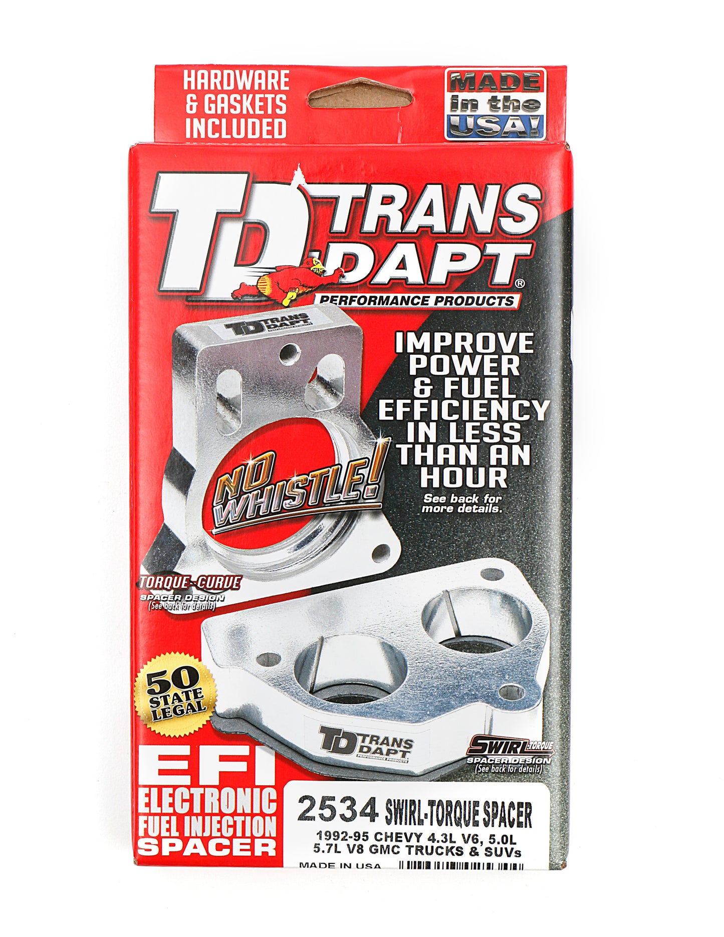 Trans-Dapt Performance 1992-95 Chevy/Gmc Trucks And Suvs With 4.3L V6 Or 5.0L 5.7L V8- Swirl-Torque Throttle Body Spacer; Double Wing Nut Air Cleaner Model 2534