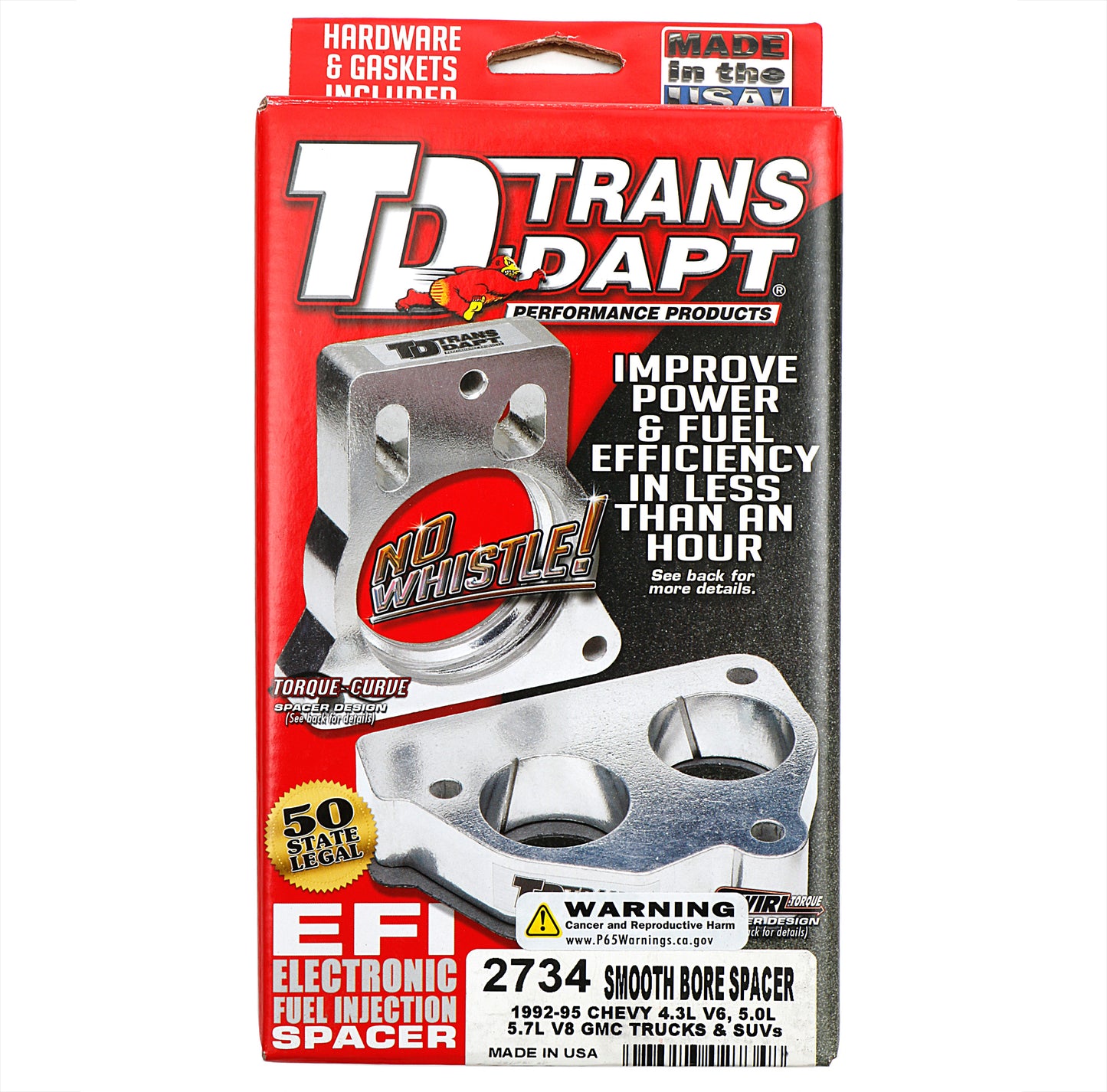 Trans-Dapt Performance 1992-95 Chevy/Gmc Trucks And Suvs With 4.3L V6 Or 5.0L 5.7L V8- Smooth-Bore Throttle Body Spacer; Double Wing Nut Air Cleaner Models 2734