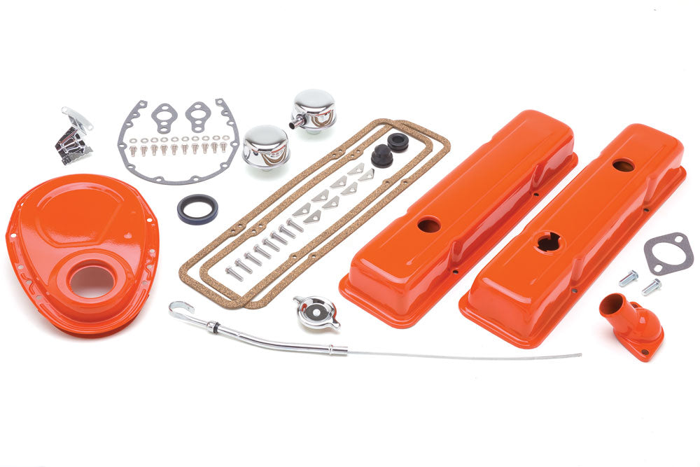 Trans-Dapt Performance Powder-Coated Engine Kit With Pcv; 1958-86 Sb Chevrolet 283-400 (Gen 1); Short Valve Covers- Chevy Orange 3051