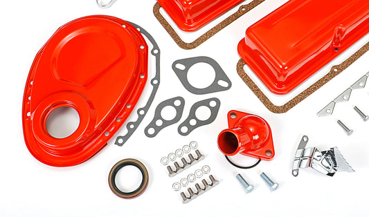 Trans-Dapt Performance Powder-Coated Engine Kit Without Pcv; 1958-86 Sb Chevrolet 283-400 (Gen 1); Short Valve Covers- Chevy Orange 3052