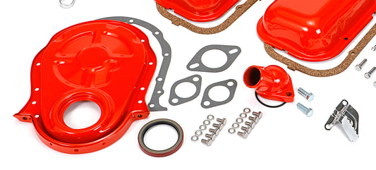 Trans-Dapt Performance Powder-Coated Engine Kit Without Pcv; 1965-95 Bb Chevrolet 396-454 (Mark Iv); Short Valve Covers- Chevy Orange 3058