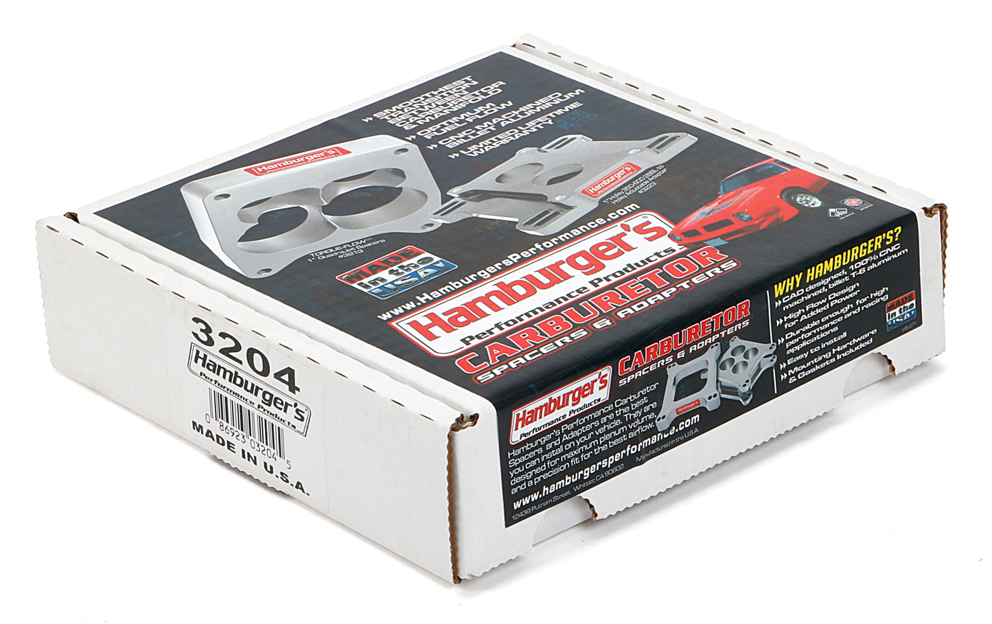 HAMBURGER'S PERFORMANCE PRODUCTS TORQUE-FLOW CARBURETOR SPACER- HOLLEY DOMINATOR- PORTED; 1 IN. TALL- BILLET ALUMINUM 3204