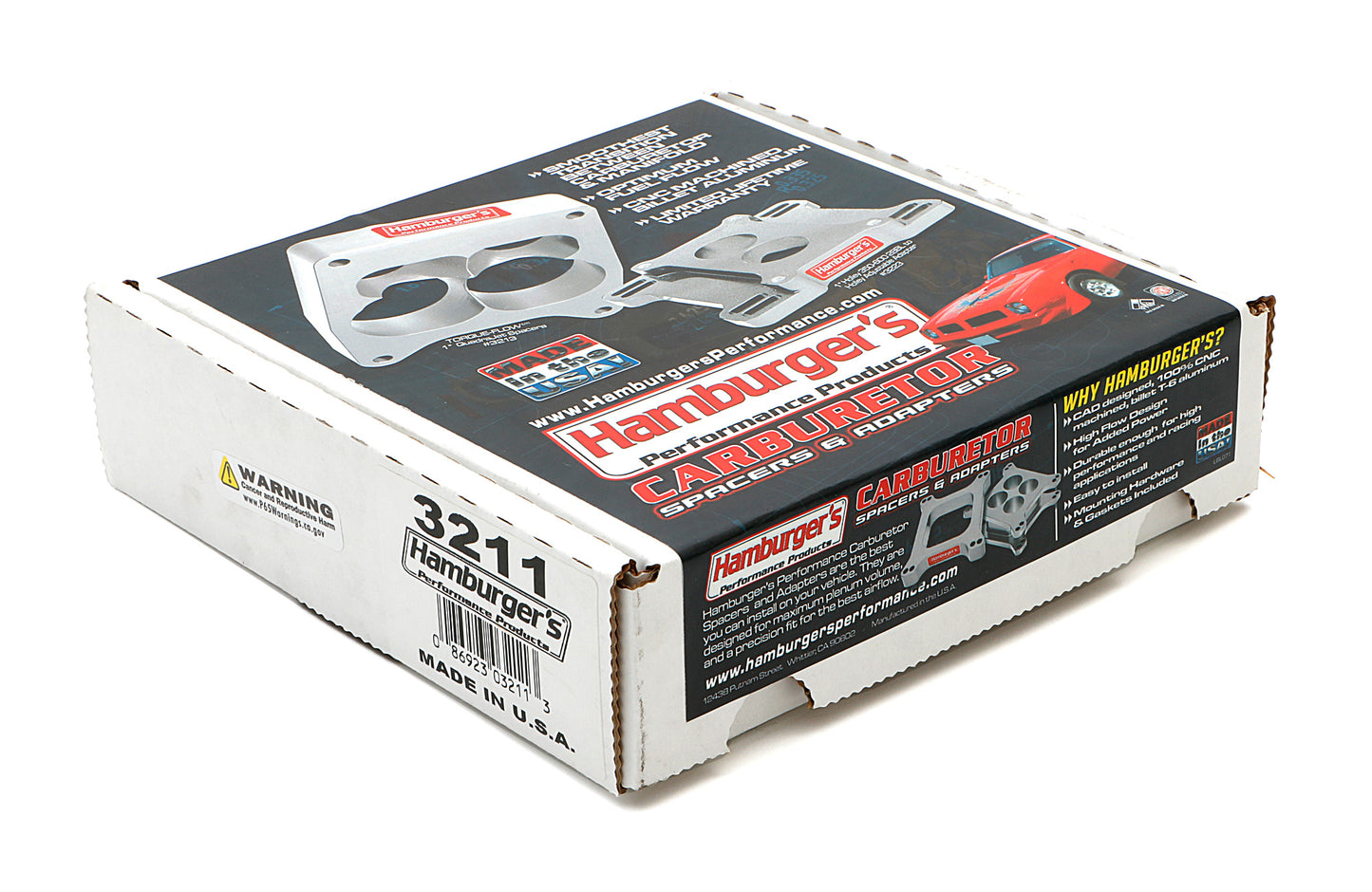 HAMBURGER'S PERFORMANCE PRODUCTS TORQUE-FLOW CARBURETOR SPACER- HOLLEY / AFB- PORTED; 1 IN. TALL- BILLET ALUMINUM 3211