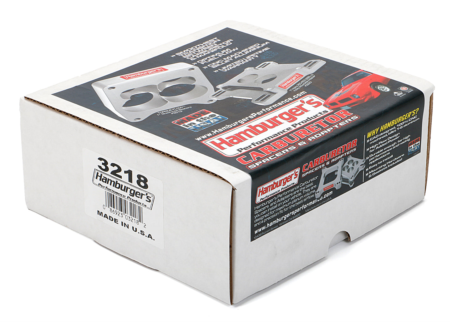 HAMBURGER'S PERFORMANCE PRODUCTS OPEN PLENUM CARBURETOR SPACER- HOLLEY DUAL PLANE; 2 IN. TALL- BILLET ALUMINUM 3218