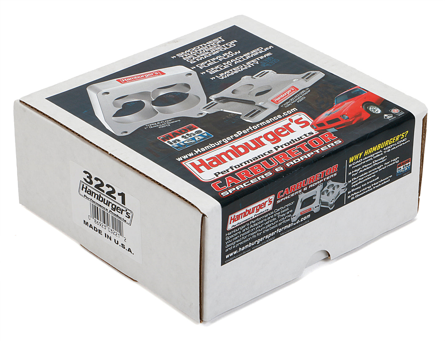 HAMBURGER'S PERFORMANCE PRODUCTS TORQUE-FLOW CARBURETOR SPACER- HOLLEY DUAL PLANE; 2 IN. TALL- BILLET ALUMINUM 3221