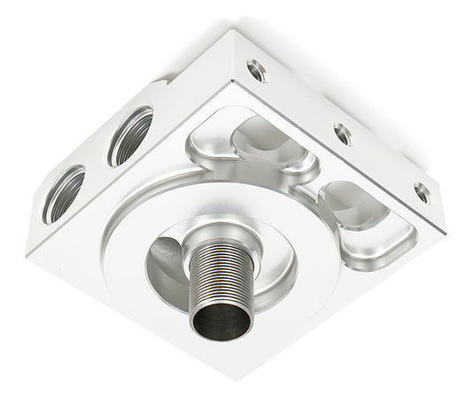 HAMBURGER'S PERFORMANCE PRODUCTS REMOTE OIL FILTER BASE; SINGLE FILTER; -12AN HORIZONTAL PORTS; USES MOBIL M1-403 FILTER (OR EQUIVALENT)- CNC MACHINED BILLET ALUMINUM 3305