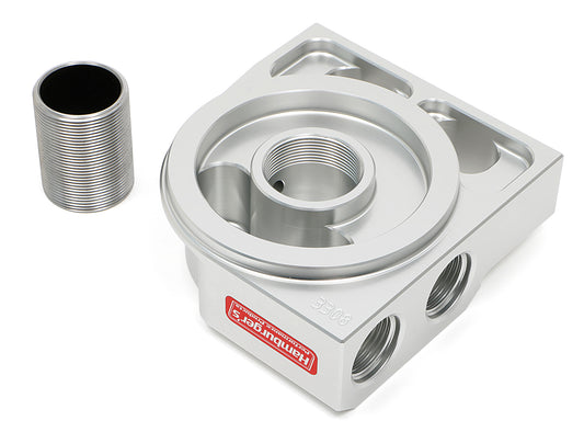 HAMBURGER'S PERFORMANCE PRODUCTS REMOTE OIL FILTER BASE; SINGLE FILTER; -12AN HORIZONTAL PORTS; USES A FRAM PH3786 FILTER (OR EQUIVALENT)- CNC MACHINED BILLET ALUMINUM 3308